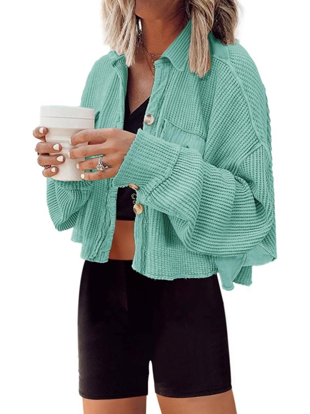 Womens Lake Blue Cropped Waffle Knit Button Down Batwing Sleeve Cardigan Jacket